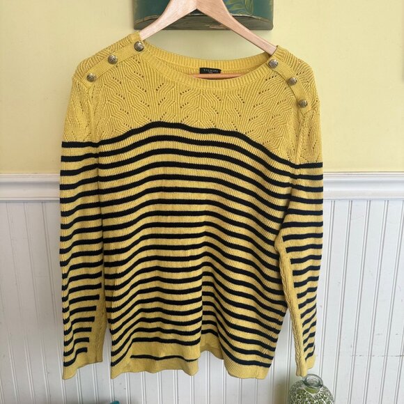 Talbots 3X yellow blue striped sweater nautical gold button details - Picture 1 of 6